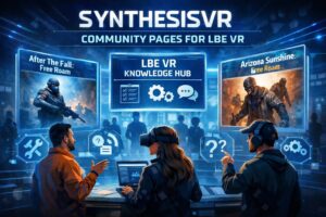 Illustration showing SynthesisVR Community Pages for LBE VR, with operators reviewing game information, support tools, and shared knowledge hubs.