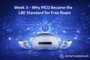 PICO 4 Ultra Enterprise headset used in a commercial free roam VR arena environment