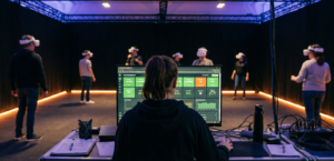 An opertor launching multiple headsets on a free roam arena using a centralized platform such as SynthesisVR