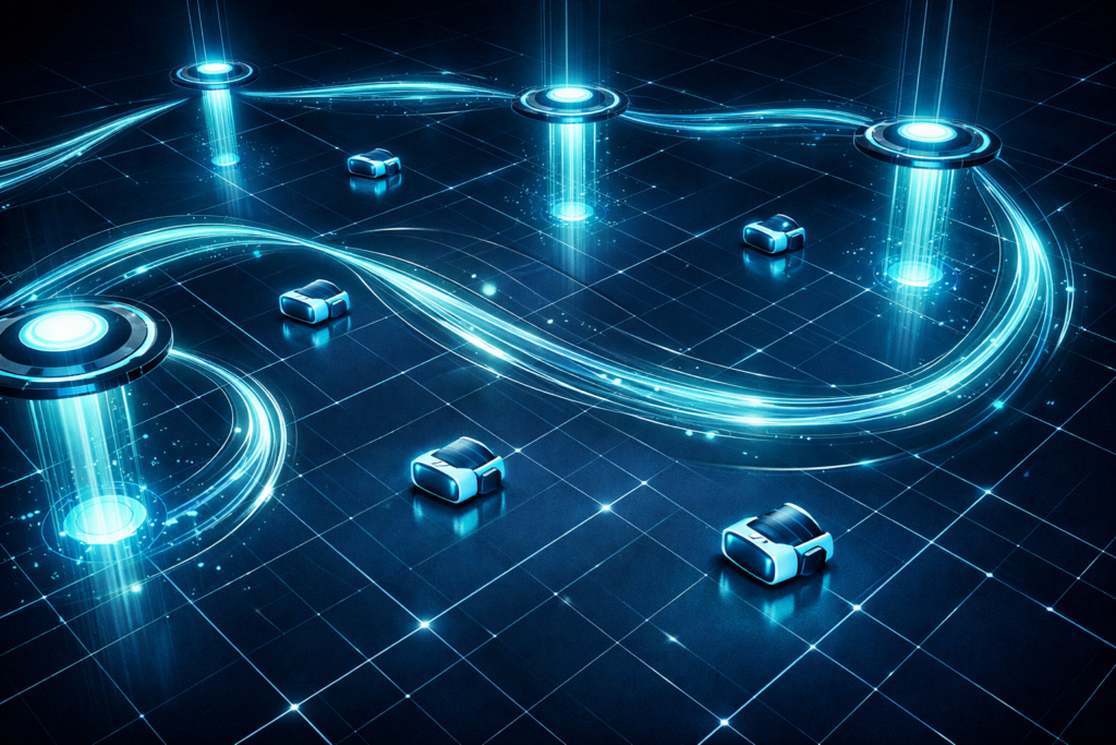 Free roam VR arena network setup showing WiFi access points and headset connectivity in a location-based entertainment venue