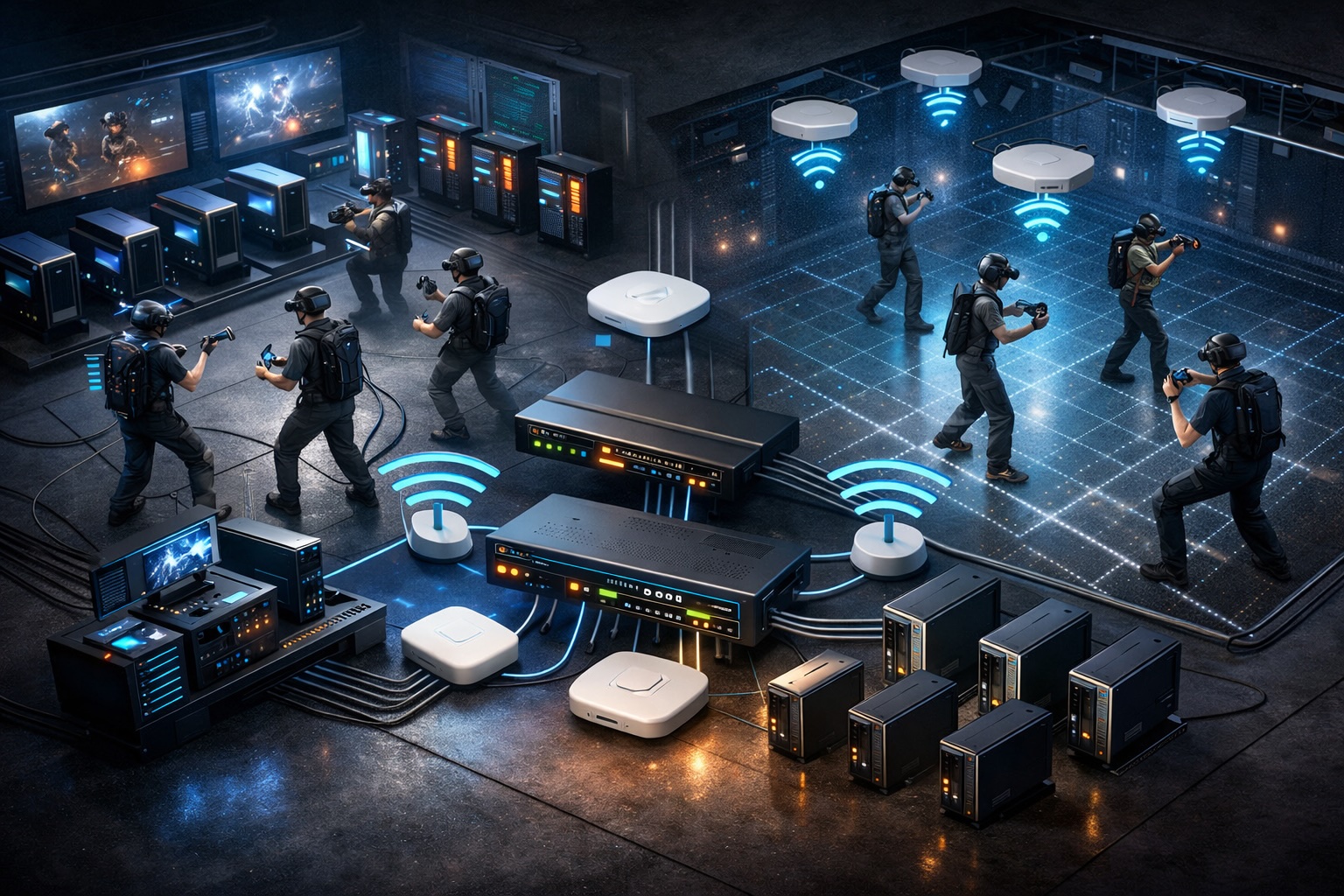 Free roam VR network architecture showing PCVR streaming setup, standalone arena, and WiFi infrastructure with multiple access points and synchronized players