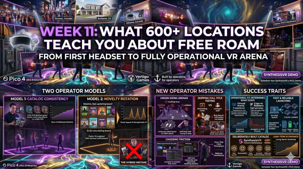 A detailed infographic titled 'What 600+ Locations Teach You About Free Roam' detailing VR operator models, common mistakes, and success traits.