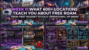 A detailed infographic titled 'What 600+ Locations Teach You About Free Roam' detailing VR operator models, common mistakes, and success traits.