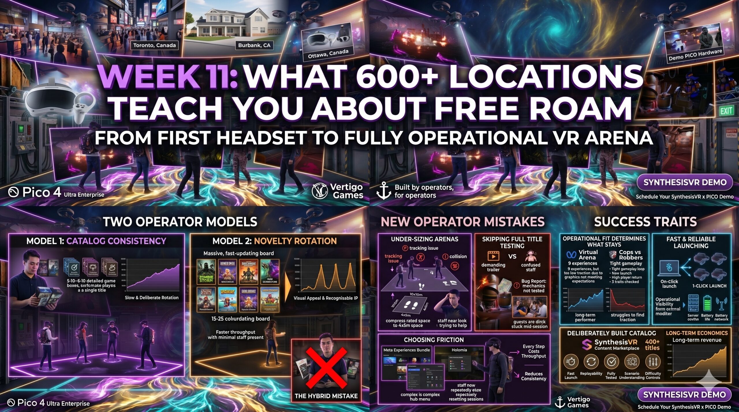 A detailed infographic titled 'What 600+ Locations Teach You About Free Roam' detailing VR operator models, common mistakes, and success traits.