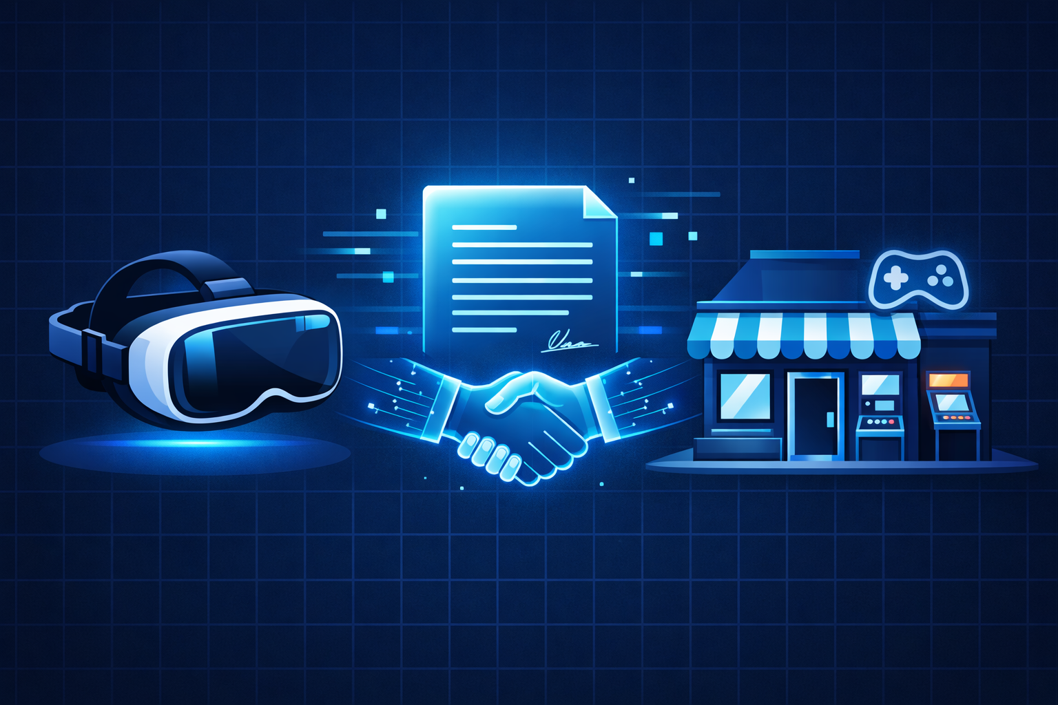 VR headset, signed contract, and arcade storefront icon representing SynthesisVR’s commercial licensing workflow