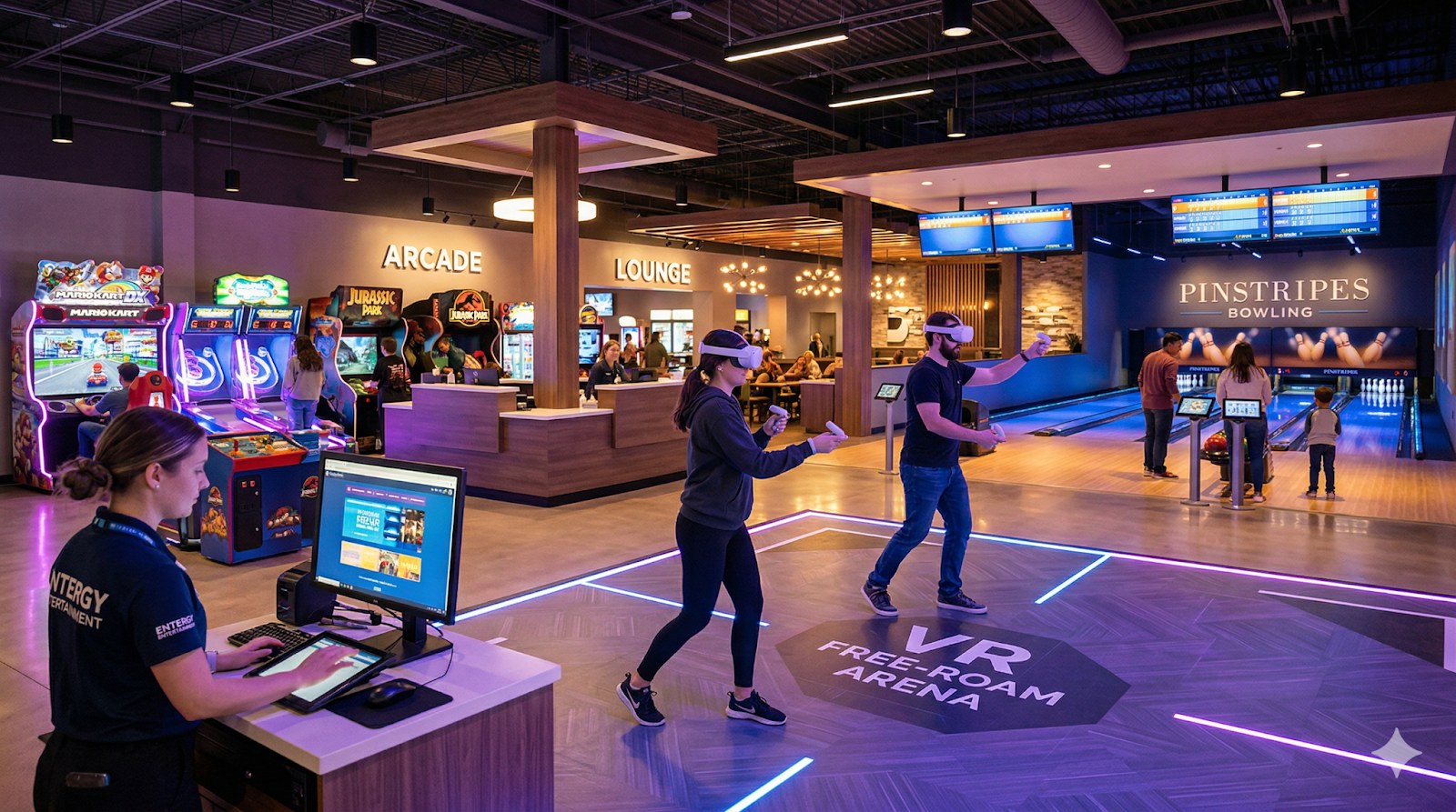 larger group of players exploring a spacious free roam VR arena