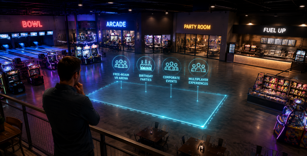 Free-roam VR arena inside a family entertainment center showing how unused venue space can be transformed into a multiplayer VR attraction.