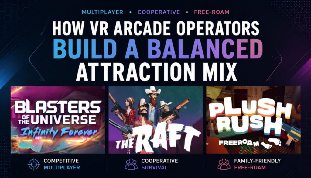 An image of three popular free roam games that add balance to a VR location