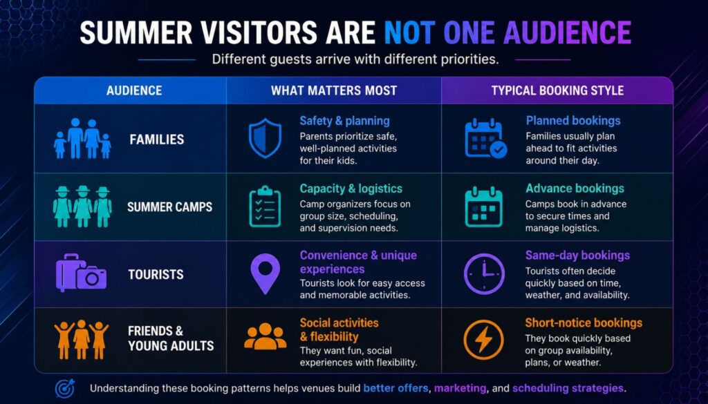 VR arcade summer audience breakdown: families, summer camps, tourists, and friend groups with different booking priorities and styles