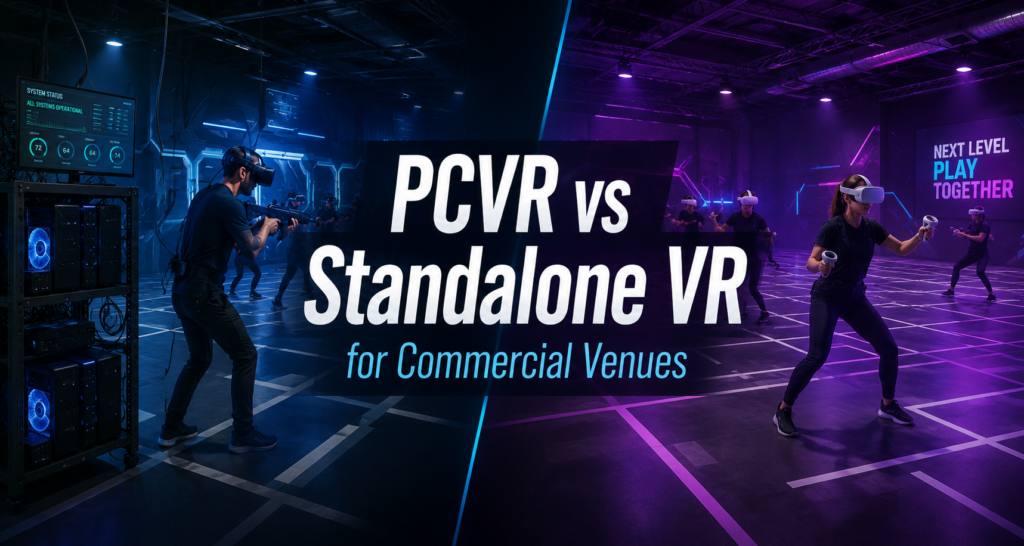 PCVR and standalone VR comparison for commercial venues showing infrastructure-heavy PCVR setup alongside a wireless standalone VR attraction