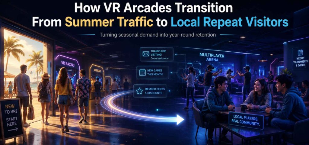 VR arcade visitors transition from summer tourists to local repeat customers through follow-up offers, memberships, multiplayer events, and fresh content.