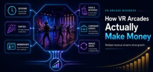 VR arcade revenue streams including sessions, parties, memberships, food and beverage, corporate events, and repeat visits.