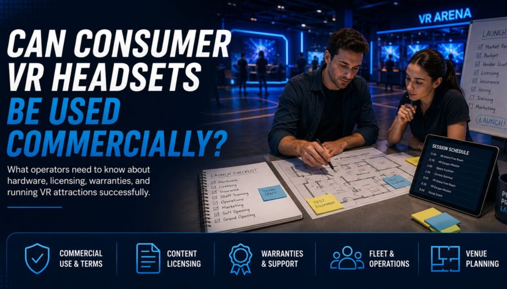 VR venue operators planning a commercial VR attraction launch, reviewing licensing, warranties, staffing, and venue operations.
