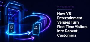 Futuristic VR venue with one glowing pass becoming multiple repeat visits, illustrating customer retention.
