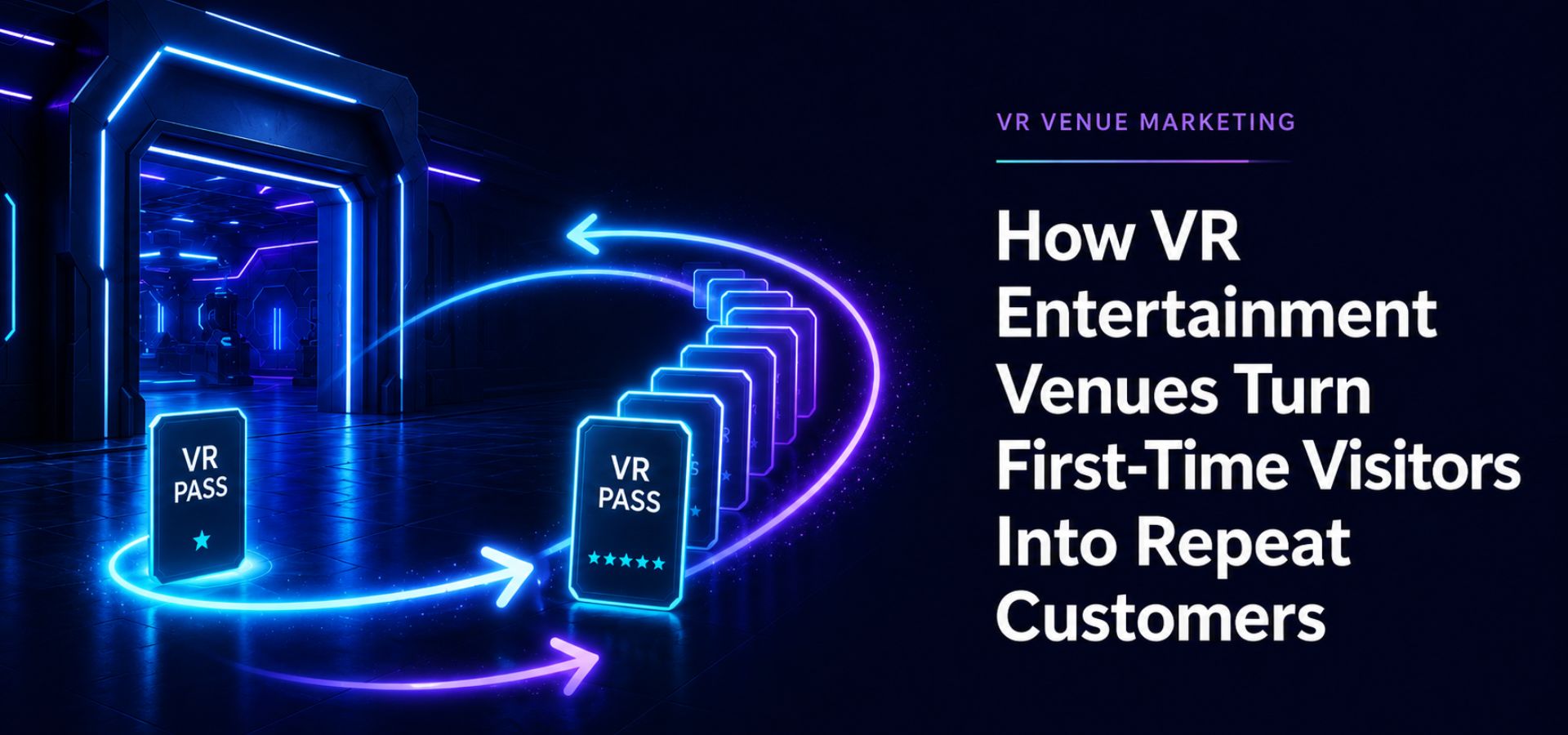 Futuristic VR venue with one glowing pass becoming multiple repeat visits, illustrating customer retention.