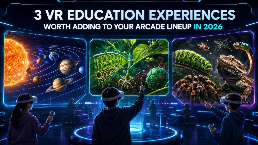 Students using VR headsets beneath three educational displays featuring the solar system, plant biology, and macro-scale insects and reptiles.