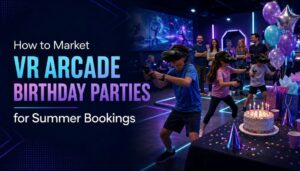 VR arcade birthday party package structure showing headset rotations, guest count, party time, and included services for operators.