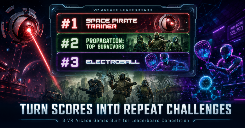 VR arcade leaderboard showing competitive scores for Space Pirate Trainer, Propagation Top Survivors, and Electroball