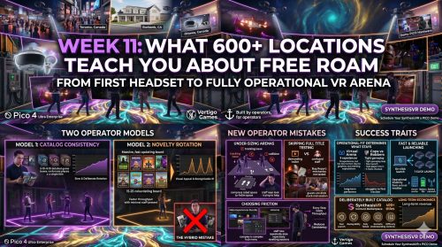 A detailed infographic titled 'What 600+ Locations Teach You About Free Roam' detailing VR operator models, common mistakes, and success traits.