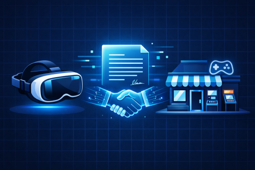 VR headset, signed contract, and arcade storefront icon representing SynthesisVR’s commercial licensing workflow