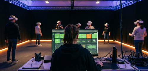 An opertor launching multiple headsets on a free roam arena using a centralized platform such as SynthesisVR