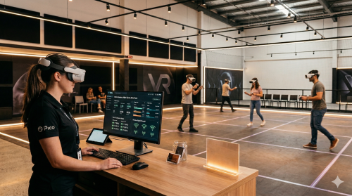 An operator managing SynthesisVR Free Roam arena from a centralized PC