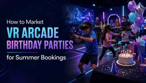 VR arcade birthday party package structure showing headset rotations, guest count, party time, and included services for operators.