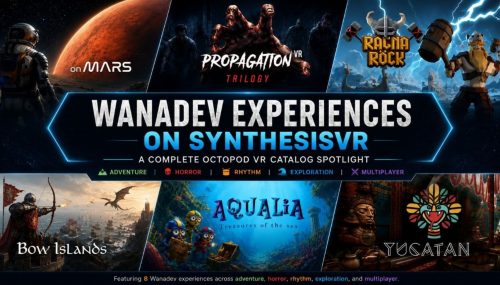 Cinematic blog banner showing Wanadev VR game artwork for On Mars, Propagation VR Trilogy, Ragnarock, Bow Islands, Aqualia, and Yucatan, with the text “Wanadev Experiences on SynthesisVR” and “A Complete Octopod VR Catalog Spotlight.”